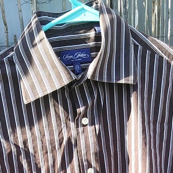 Sean John Men's Brown Tan White Striped Button Down - 15 1/2 - 34/35 - Picture 3 of 12